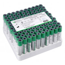 Вакуумная пробирка для забора образцов венозной крови, 2 мл (мл), 13*75 мм, с гепарином лития, с зеленой крышкой. 100 шт.