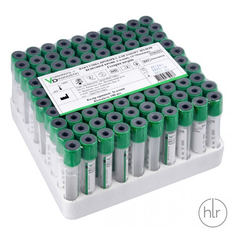 Вакуумная пробирка для забора образцов венозной крови, 4 мл (мл), 13*75 мм, с гепарином лития, с зеленой крышкой. 100 шт.