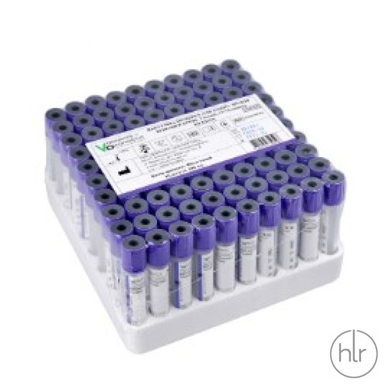 Вакуумная пробирка для забора образцов венозной крови, 9 мл (ml), 13х100 мм(mm), из K2EDTA, с фиолетовой крышкой, 100 шт.